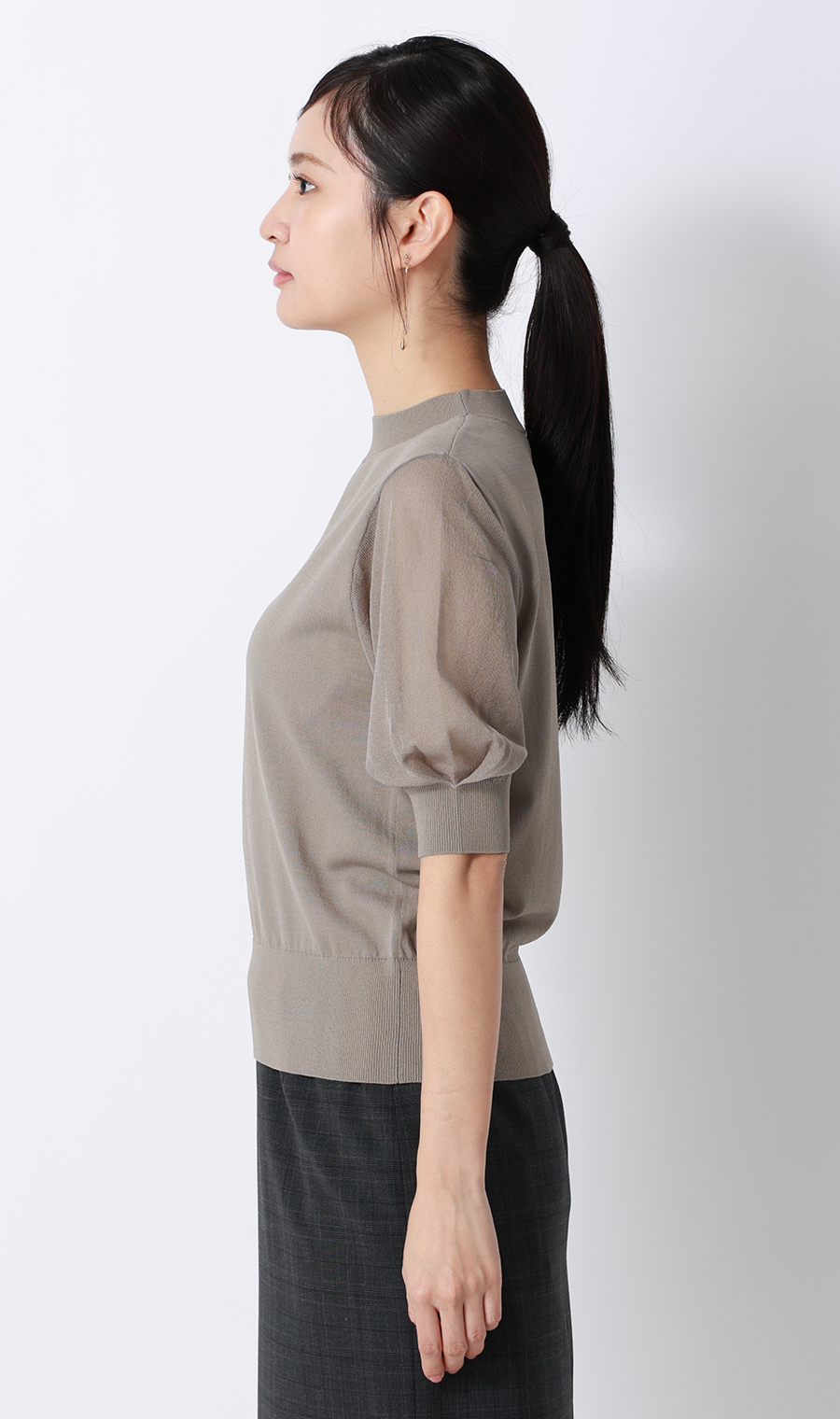 ハイネックシアースリーブニット【5分袖】【アンサンブル着用可】 グレージュ S