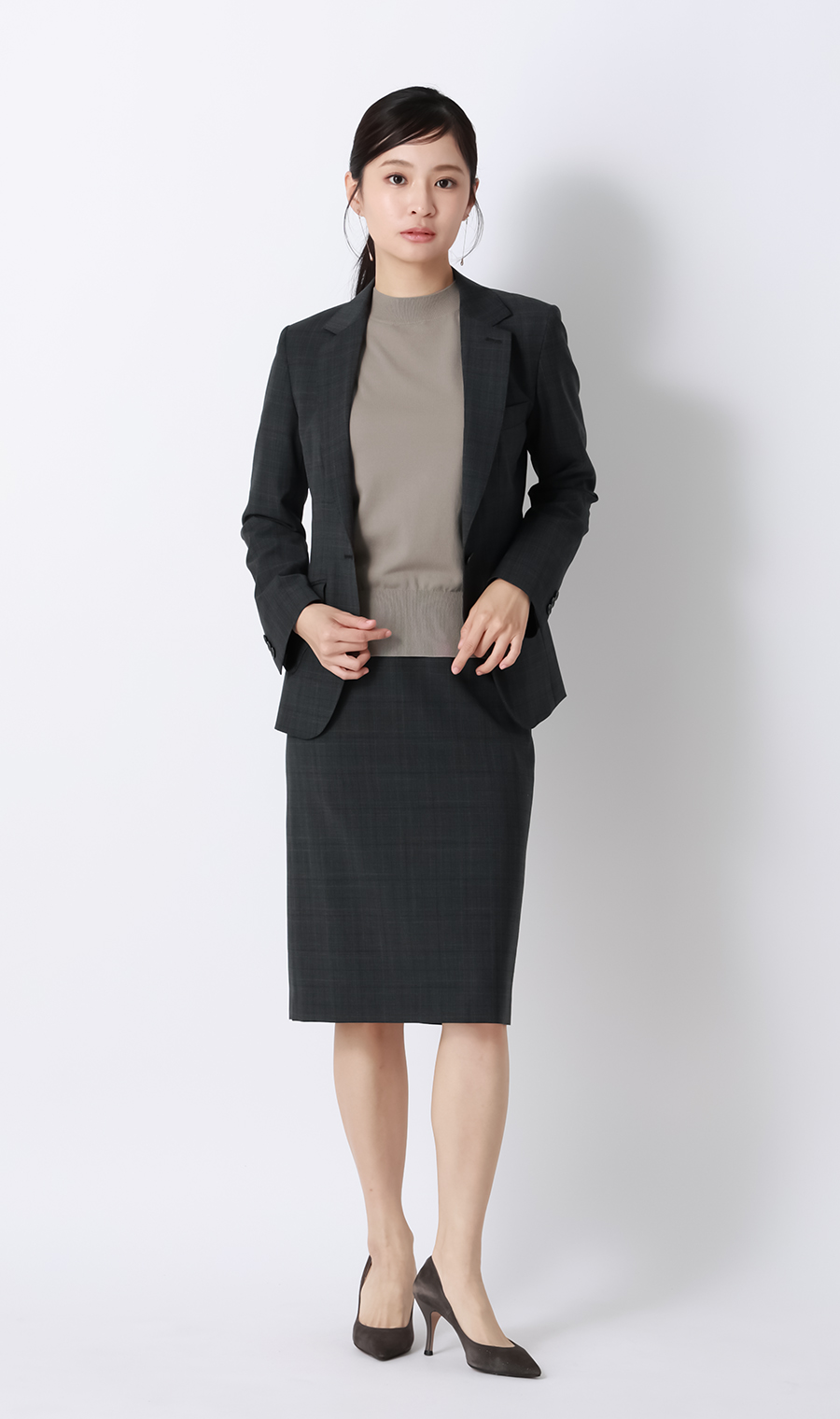 ハイネックシアースリーブニット【5分袖】【アンサンブル着用可】 グレージュ S