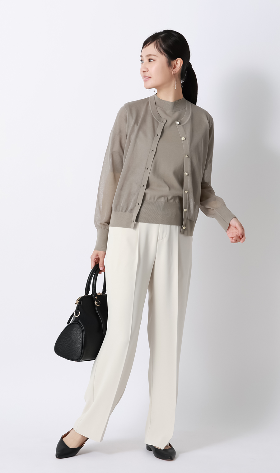 ハイネックシアースリーブニット【5分袖】【アンサンブル着用可】 グレージュ S