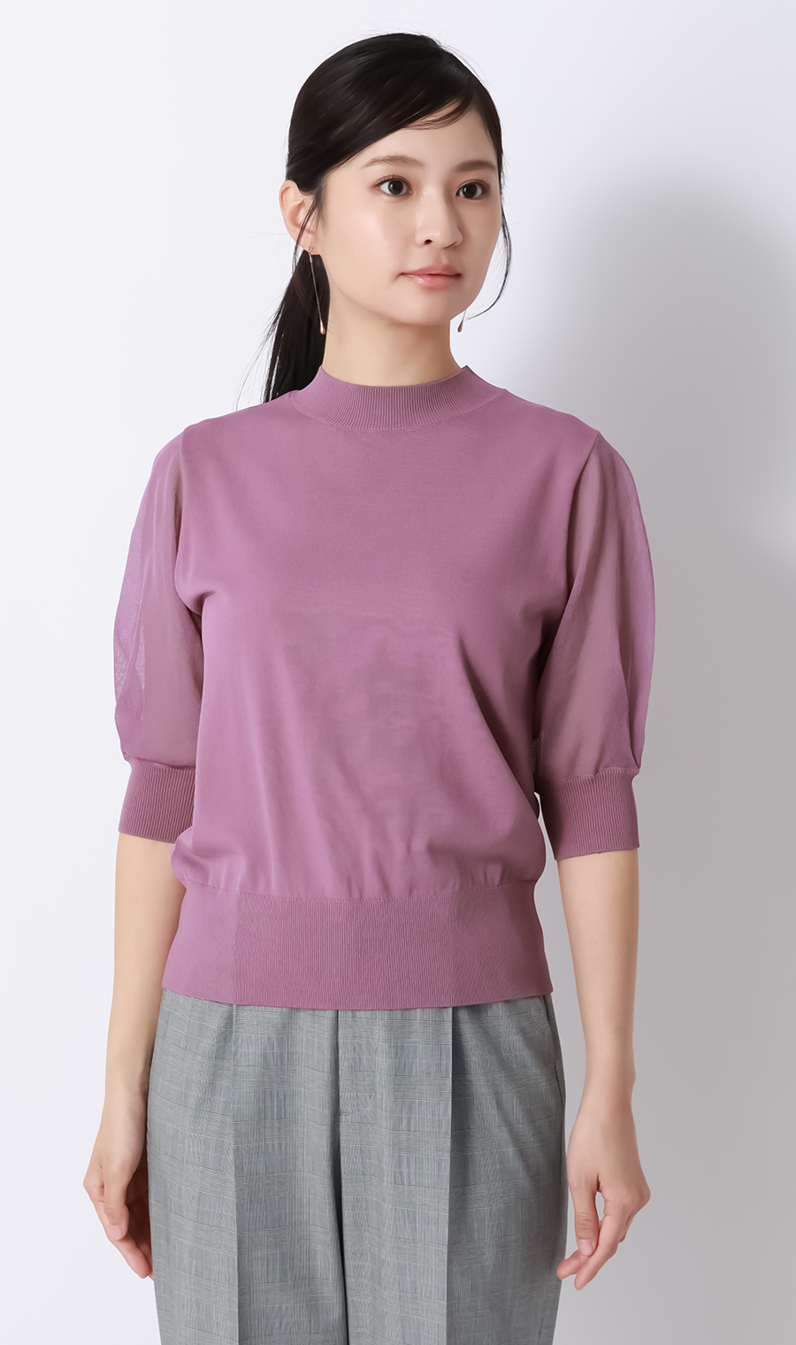 ハイネックシアースリーブニット【5分袖】【アンサンブル着用可】 ピンク S