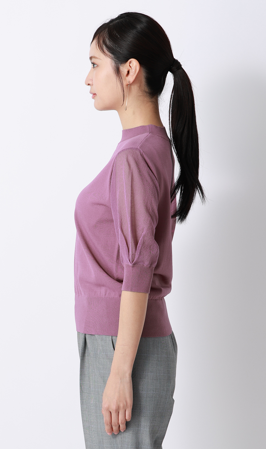 ハイネックシアースリーブニット【5分袖】【アンサンブル着用可】 ピンク S