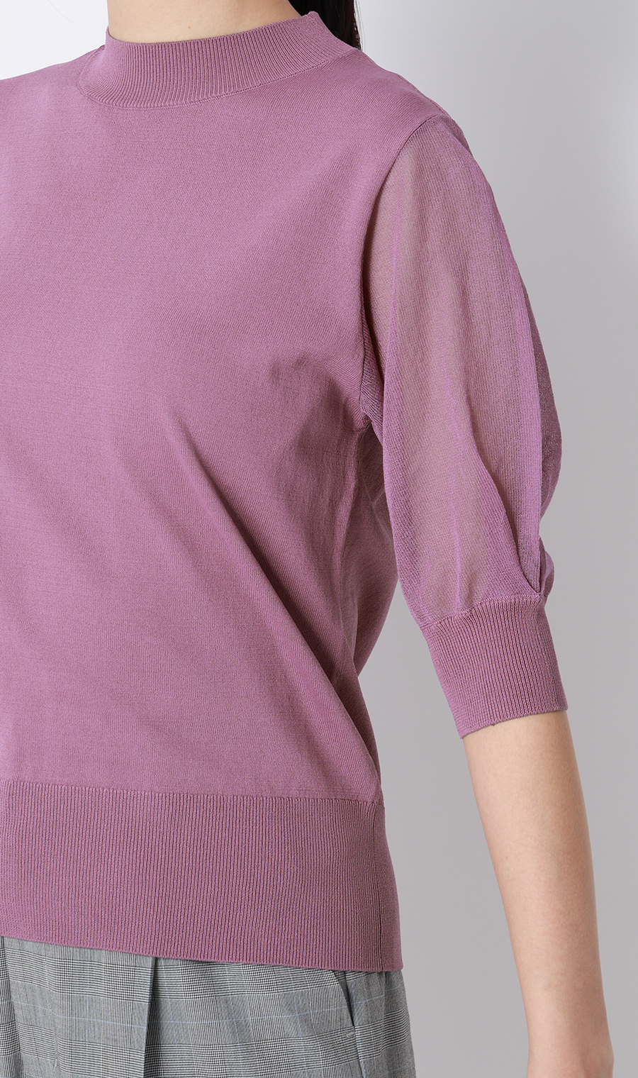 ハイネックシアースリーブニット【5分袖】【アンサンブル着用可】 ピンク S