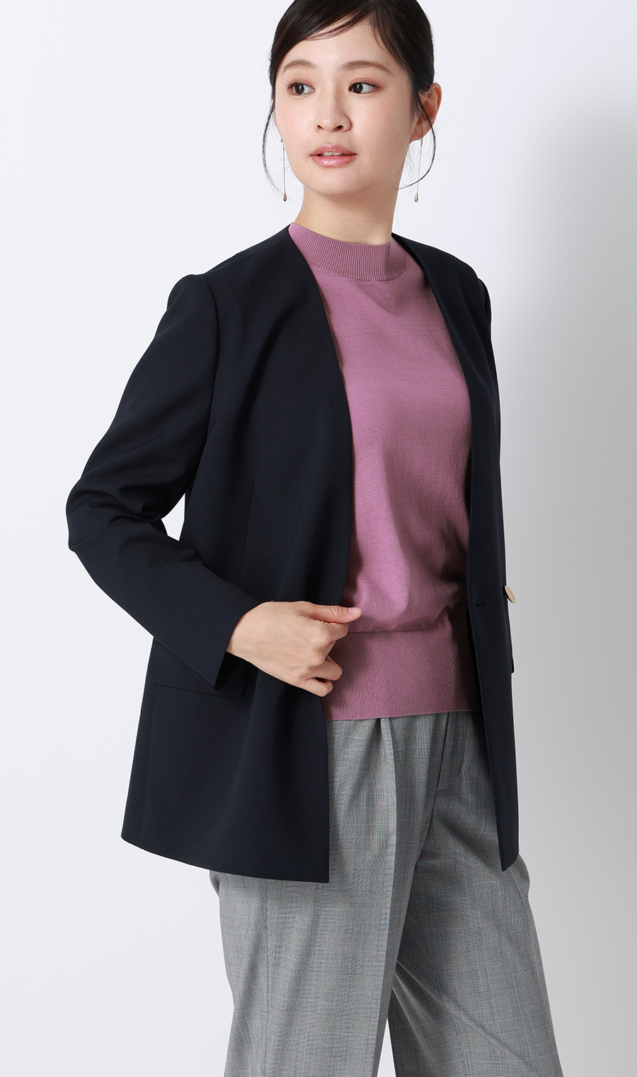 ハイネックシアースリーブニット【5分袖】【アンサンブル着用可】 ピンク S