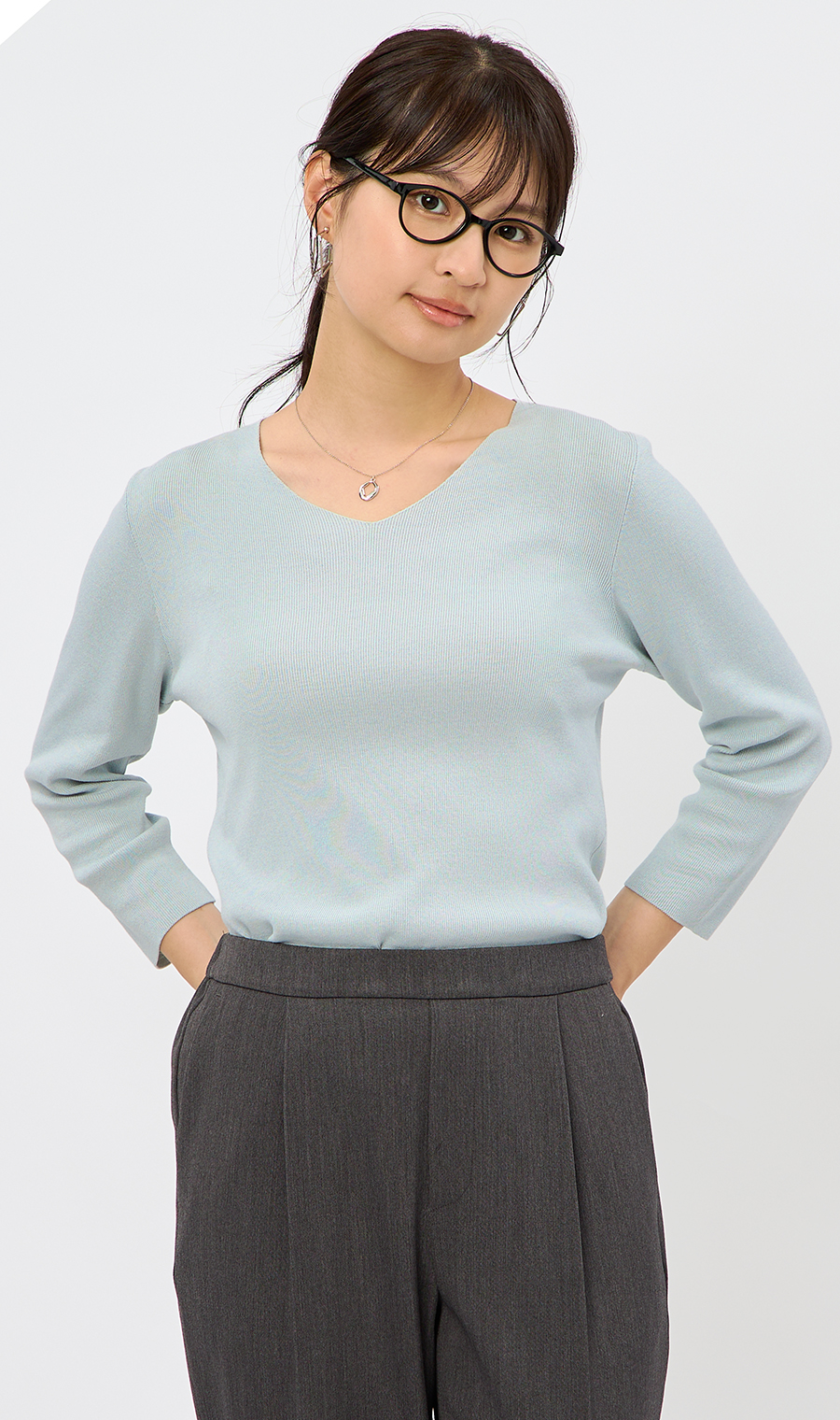 Vネックフルニードルニット【7分袖】 サックス M