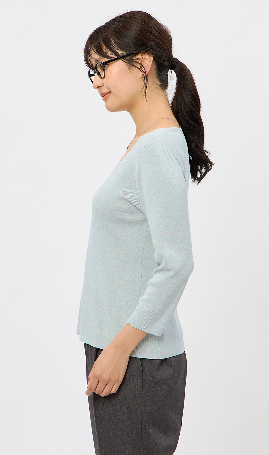 Vネックフルニードルニット【7分袖】 サックス M