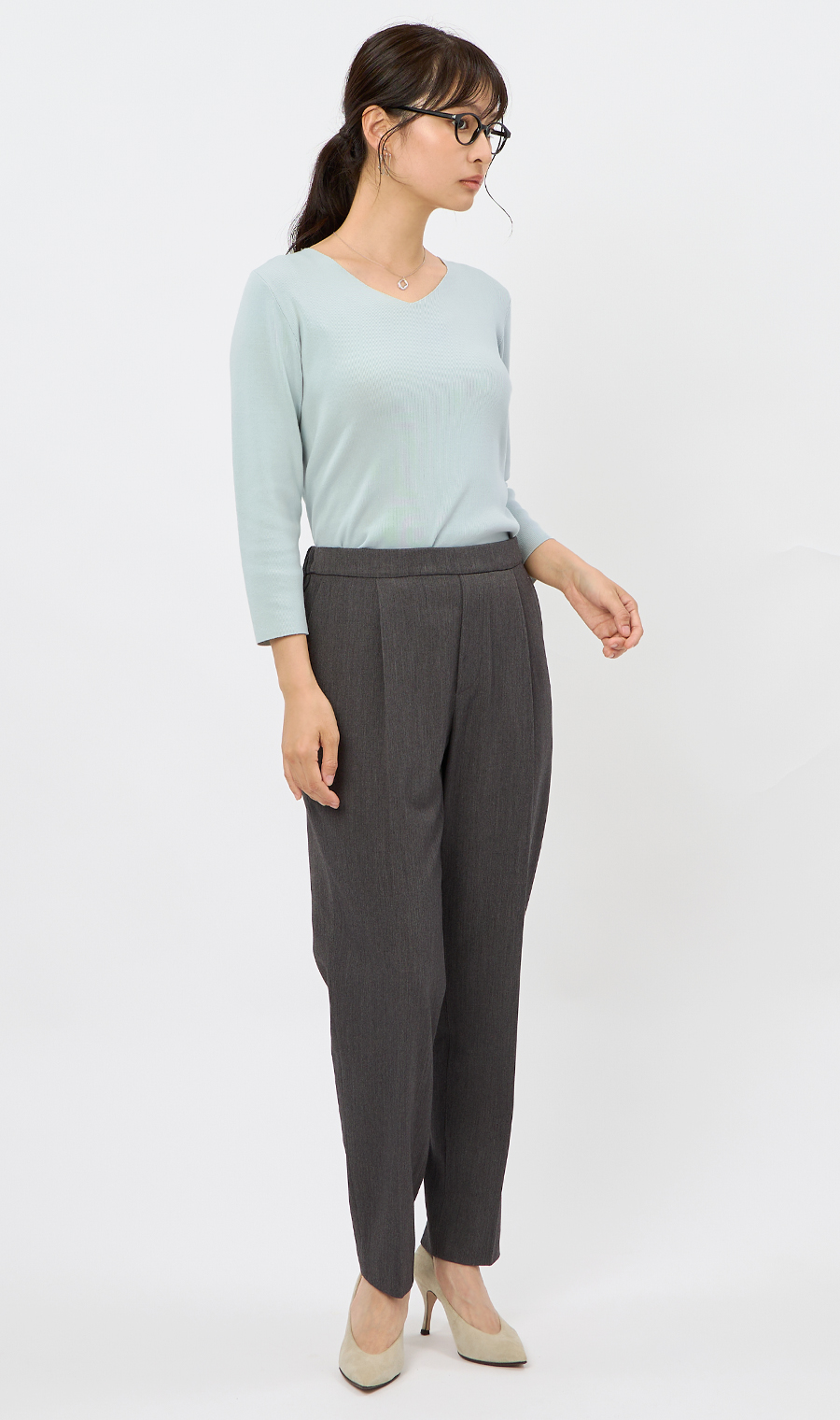 Vネックフルニードルニット【7分袖】 サックス M