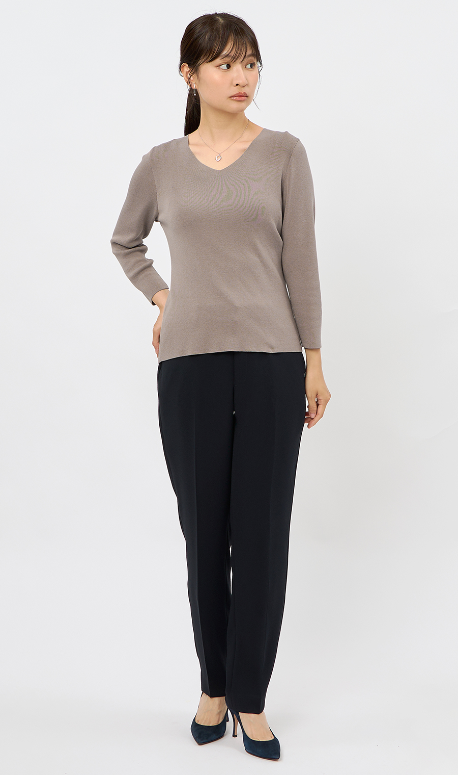 Vネックフルニードルニット【7分袖】 ベージュ S