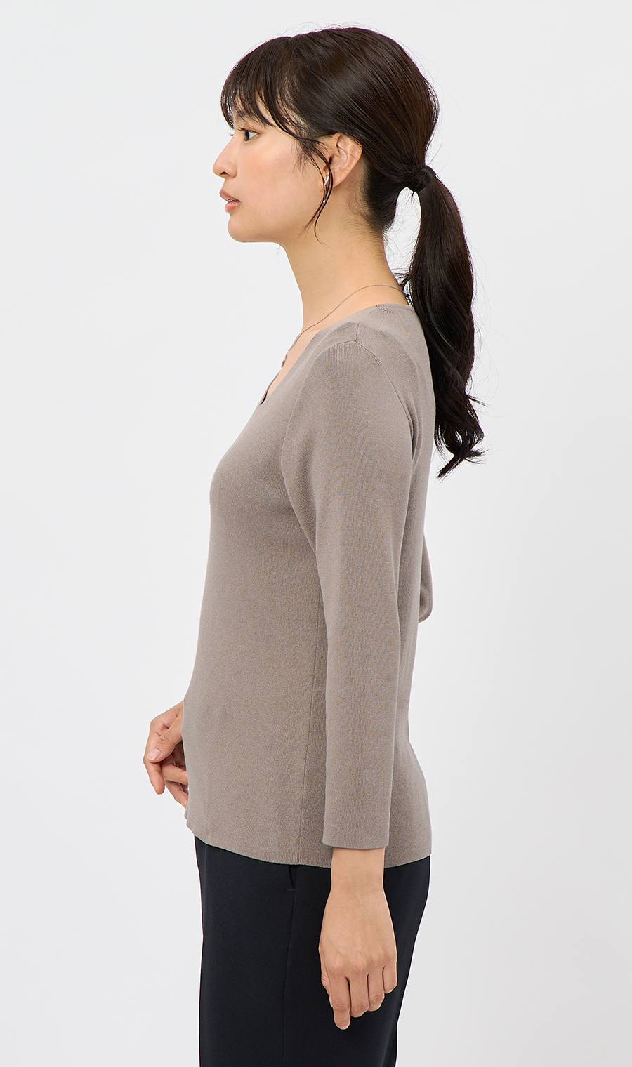 Vネックフルニードルニット【7分袖】 ベージュ S