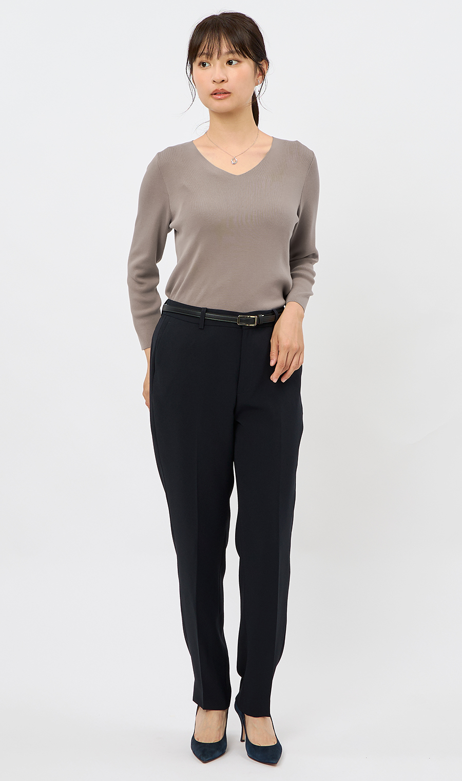 Vネックフルニードルニット【7分袖】 ベージュ S