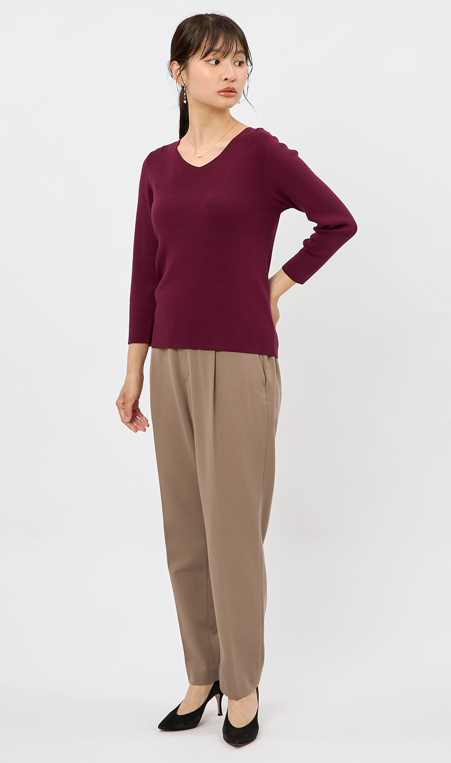 Vネックフルニードルニット【7分袖】 ワイン L