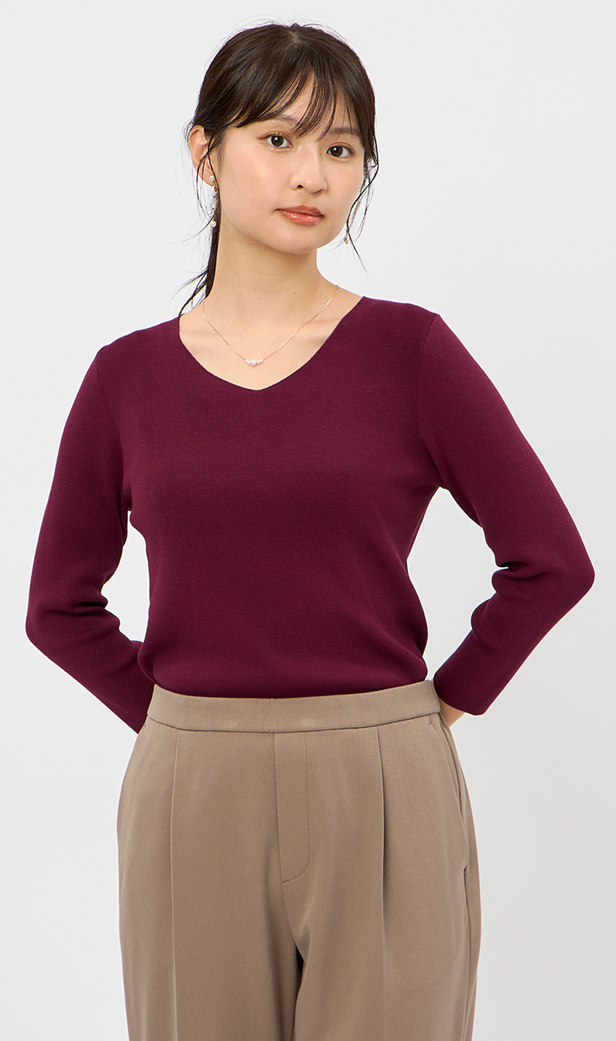 Vネックフルニードルニット【7分袖】 ワイン L