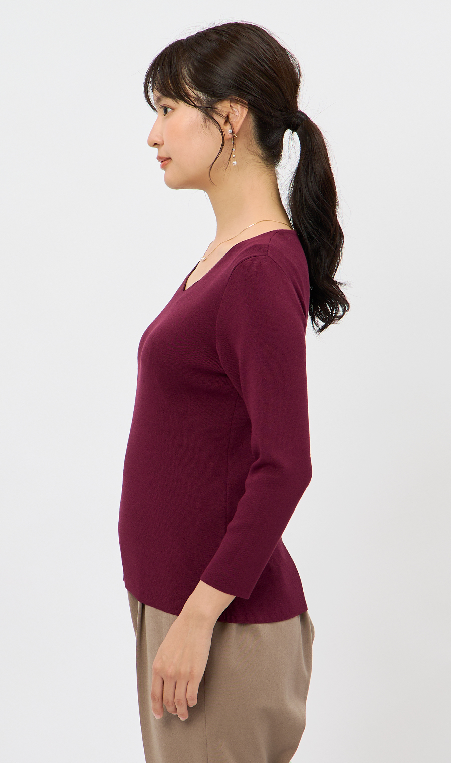 Vネックフルニードルニット【7分袖】 ワイン L