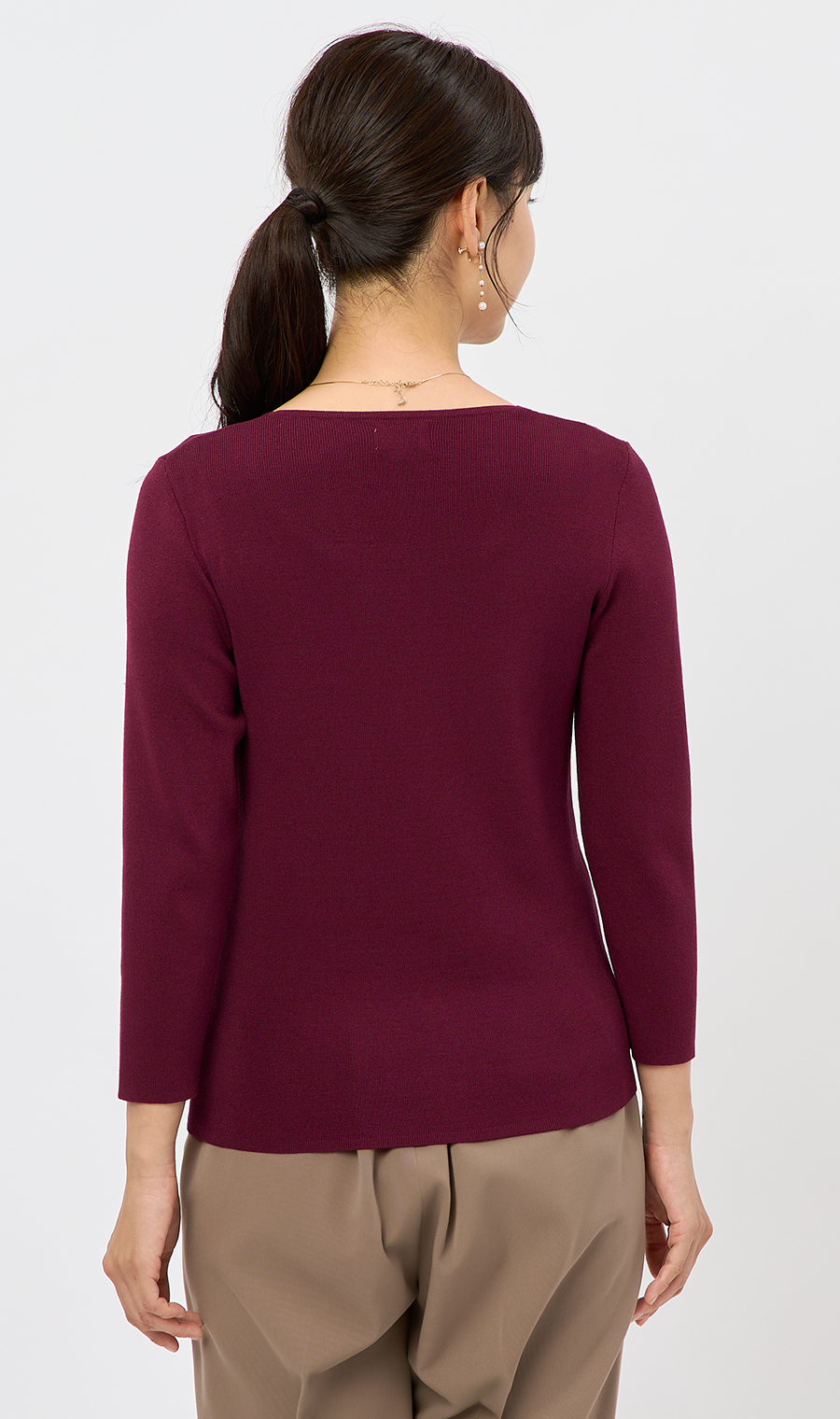 Vネックフルニードルニット【7分袖】 ワイン L