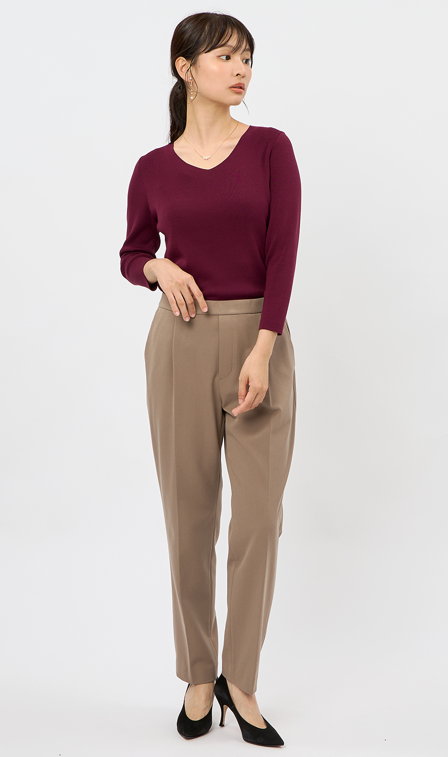 Vネックフルニードルニット【7分袖】 ワイン L