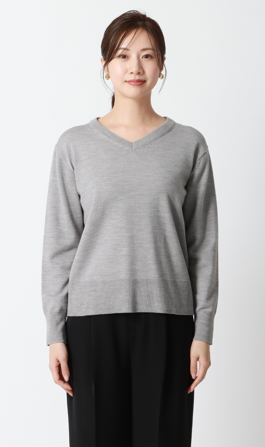 【毛玉CLEARニット】Vネック天竺ニット グレー LL