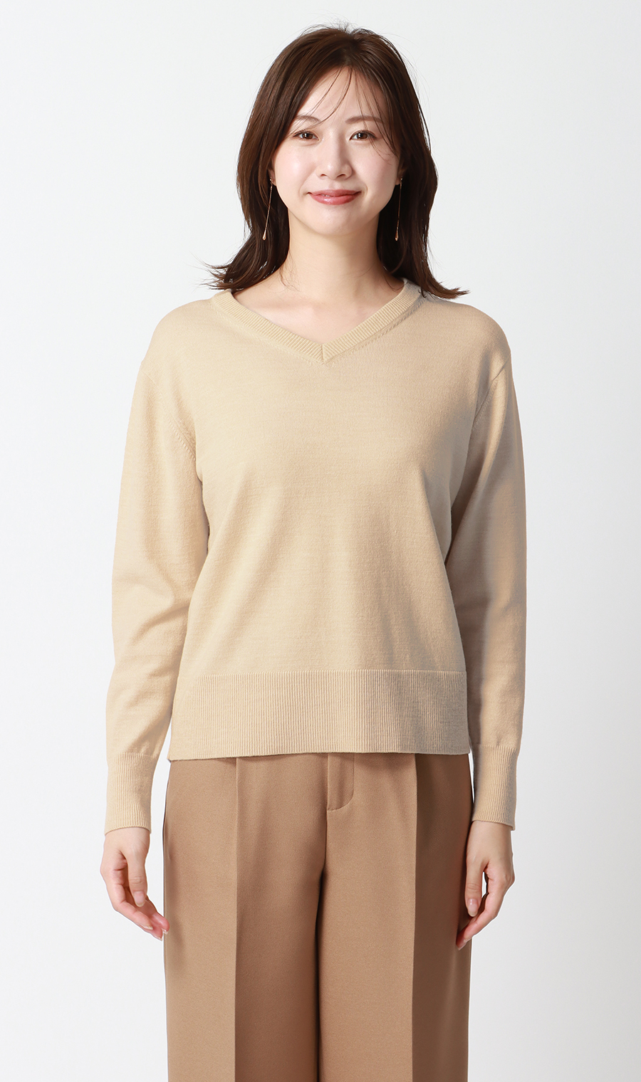 【毛玉CLEARニット】Vネック天竺ニット ベージュ S