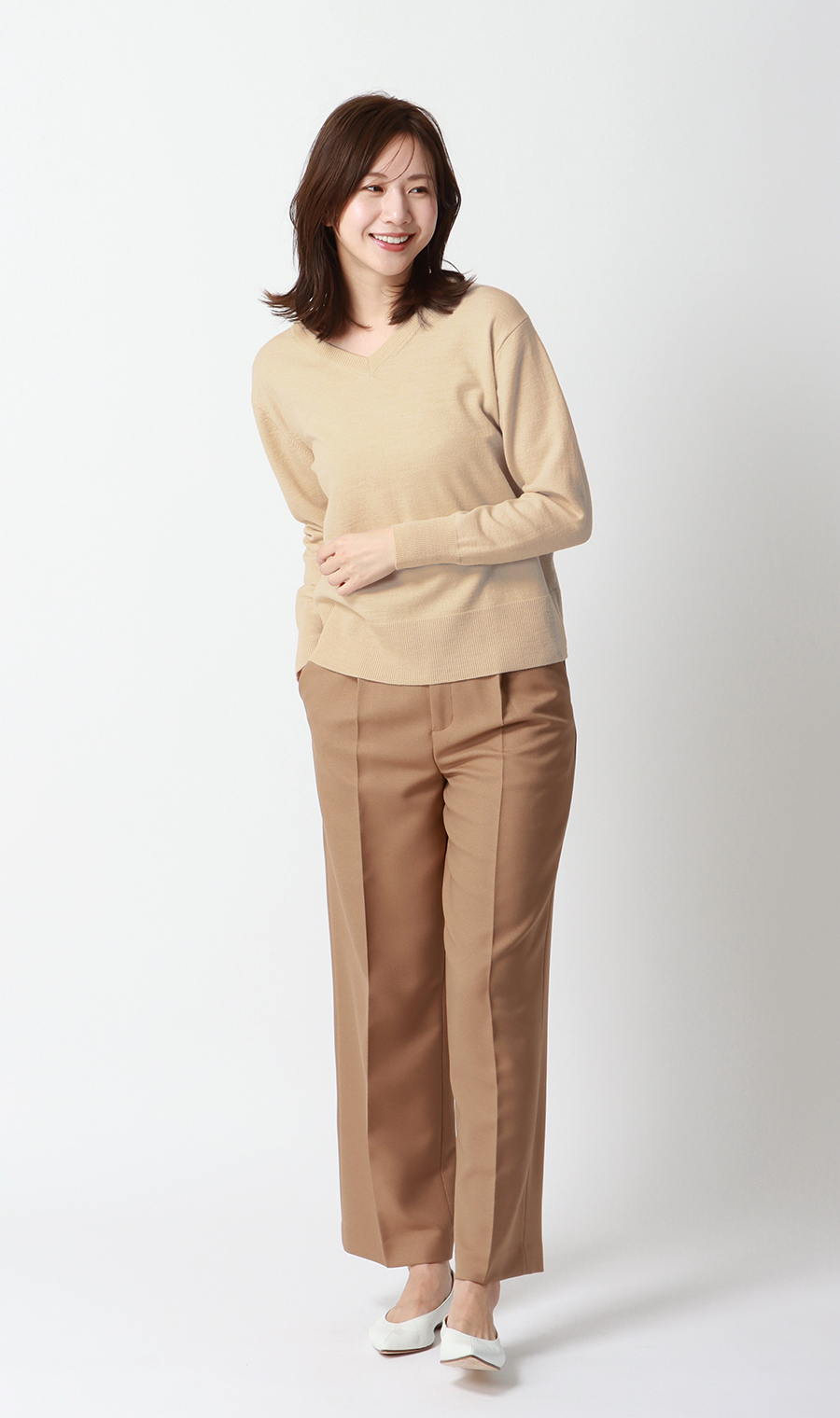 【毛玉CLEARニット】Vネック天竺ニット ベージュ S