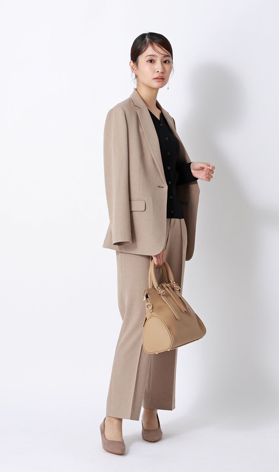 Vネックワイドリブカーディガン【長袖】 ブラック L