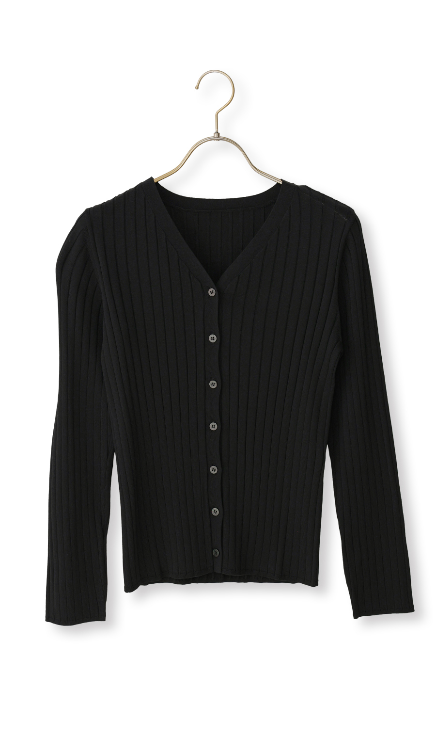 Vネックワイドリブカーディガン【長袖】 ブラック L