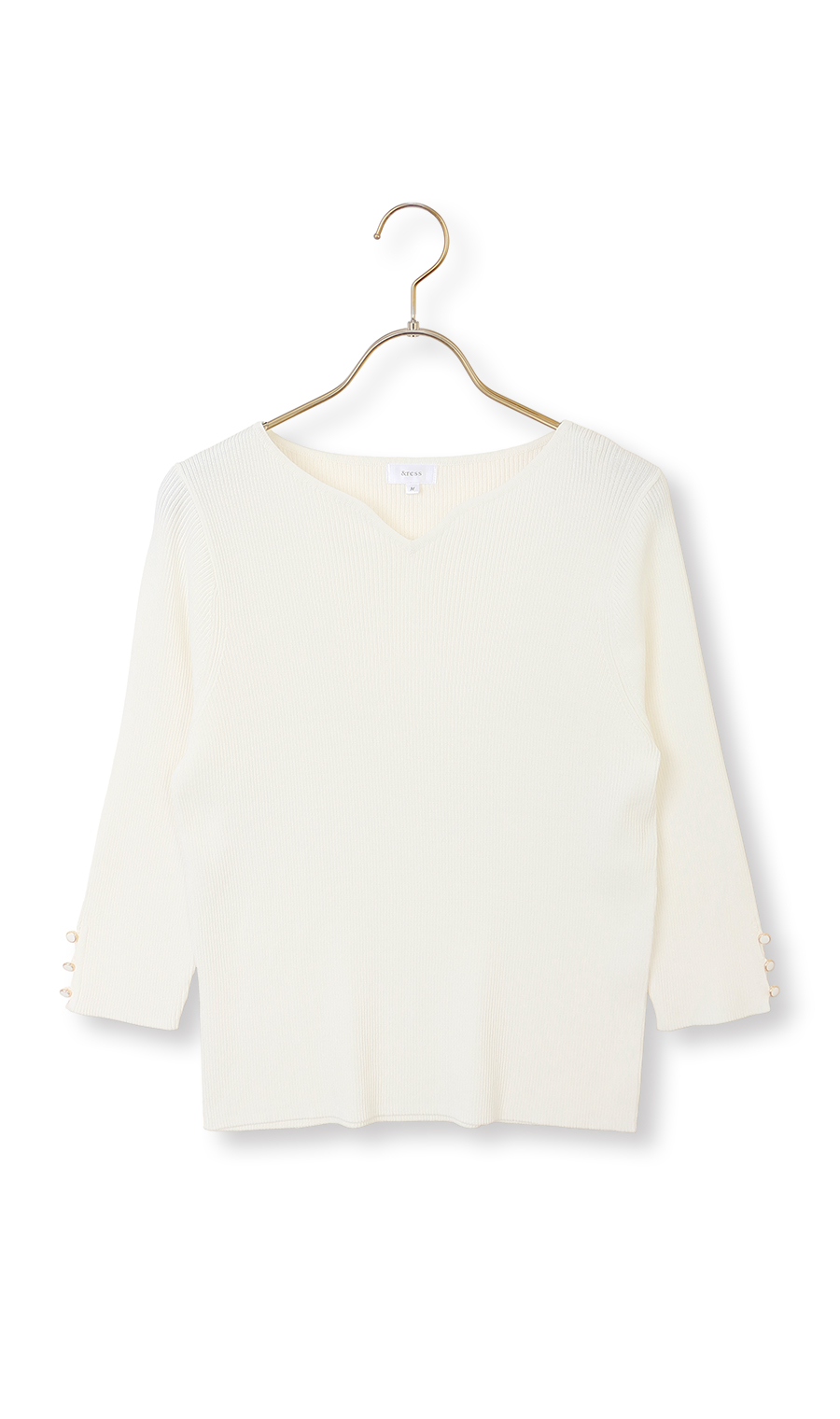 ハートネックリブニット【7分袖】 ホワイト M