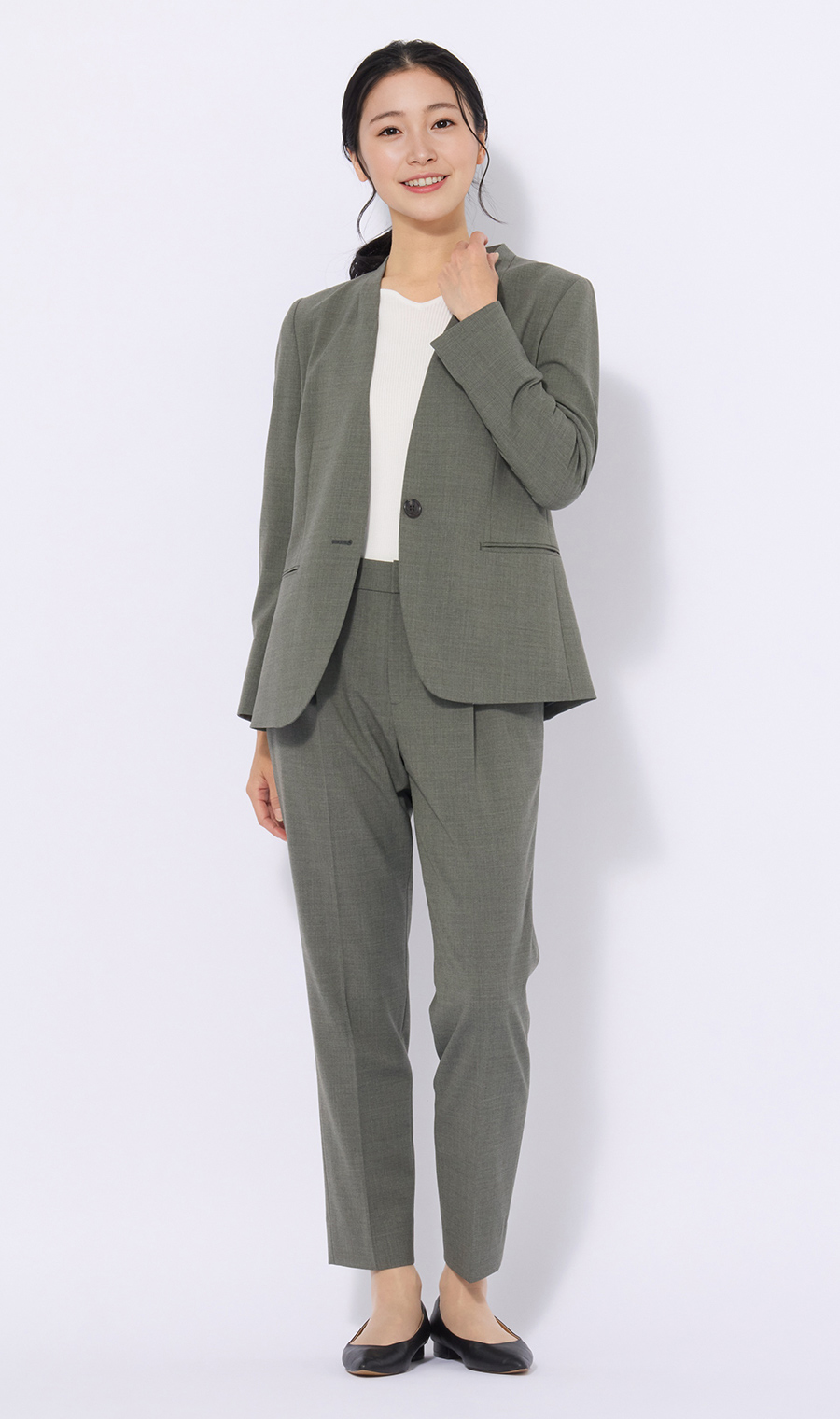 ハートネックリブニット【7分袖】 ホワイト LL