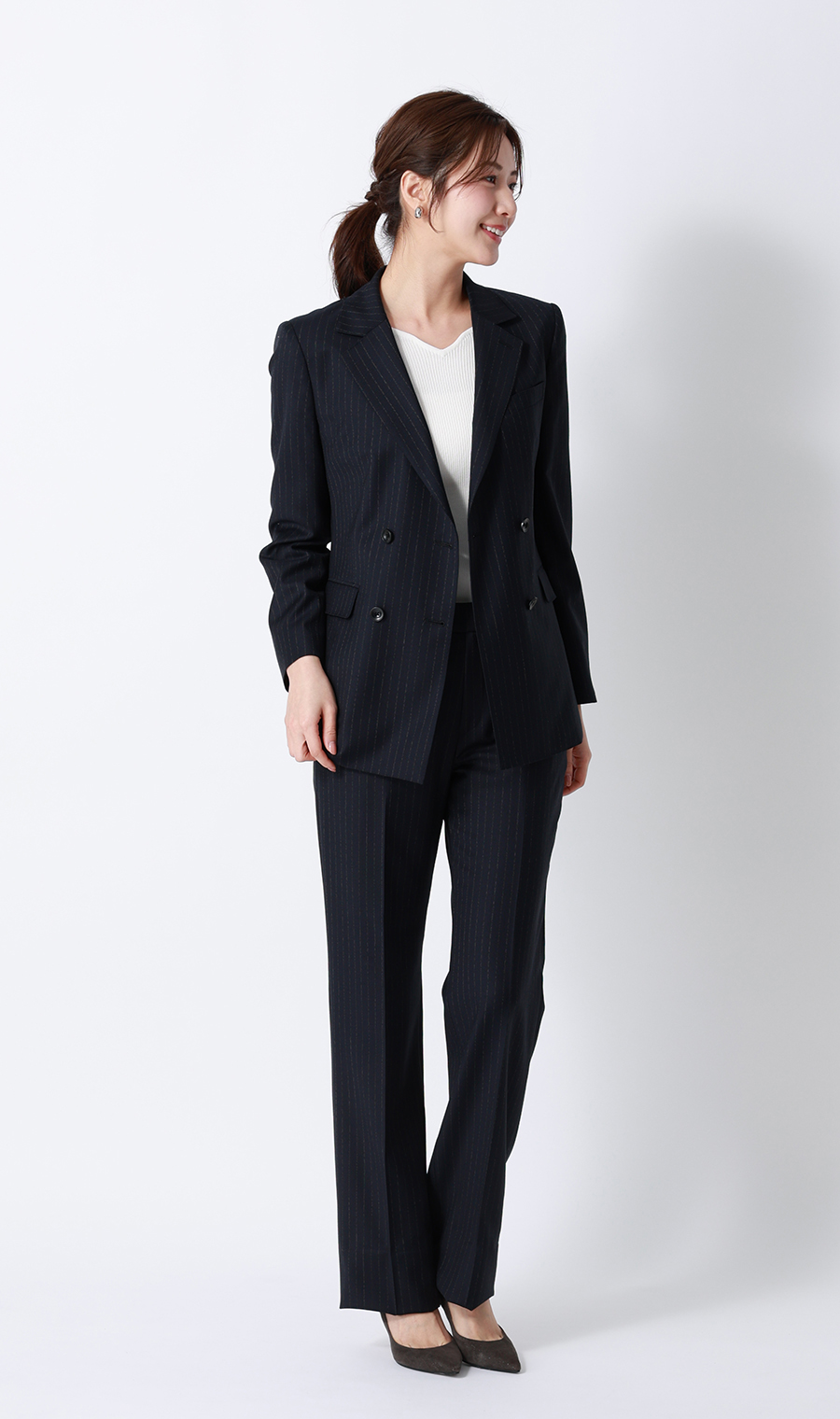 ハートネックリブニット【7分袖】 ホワイト LL