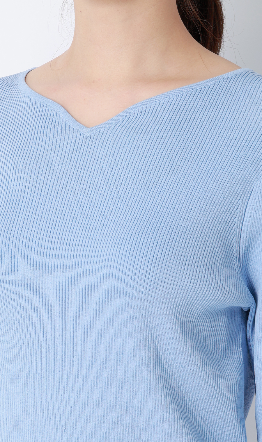 ハートネックリブニット【7分袖】 ブルー S