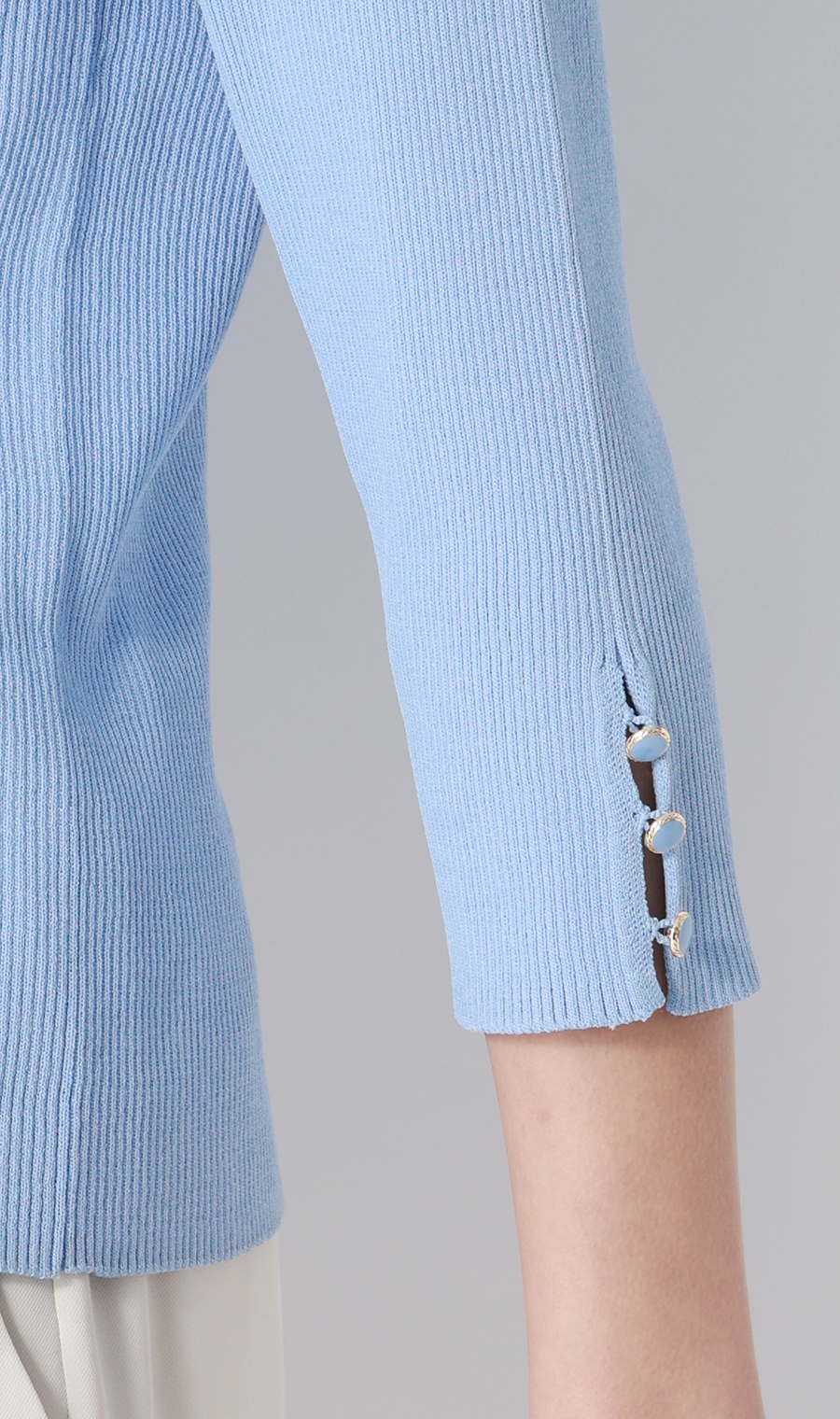 ハートネックリブニット【7分袖】 ブルー S