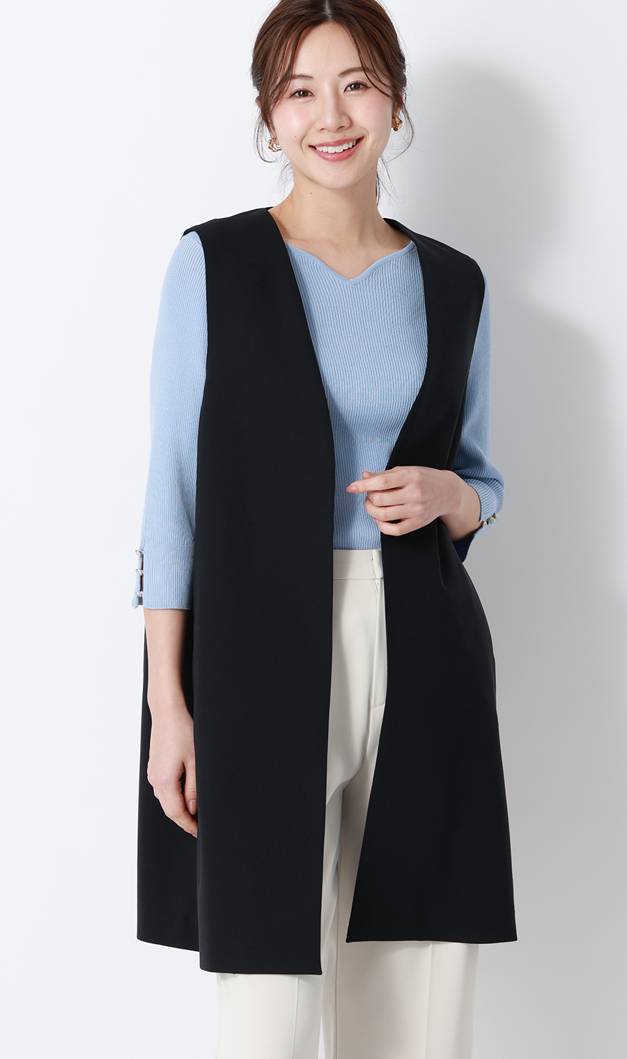 ハートネックリブニット【7分袖】 ブルー S