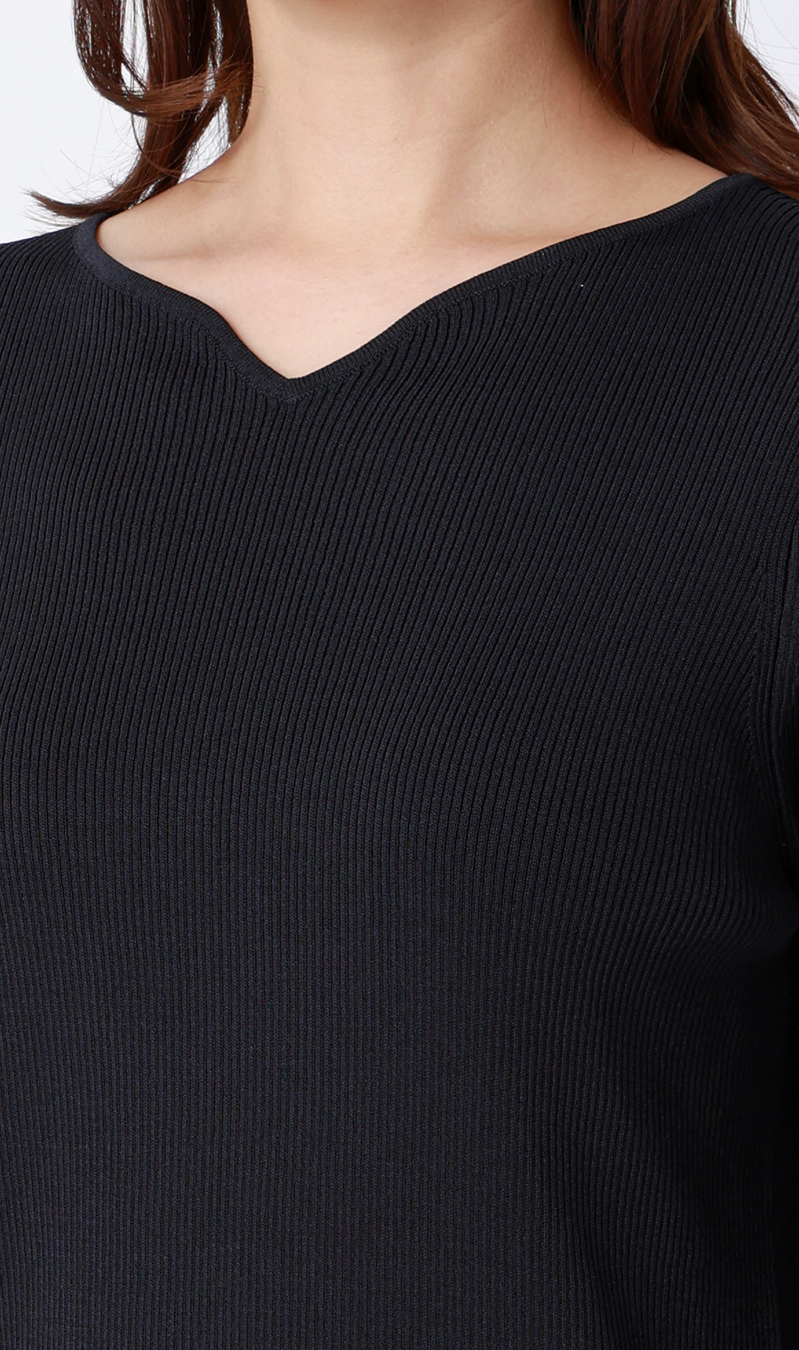 ハートネックリブニット【7分袖】 ネイビー S