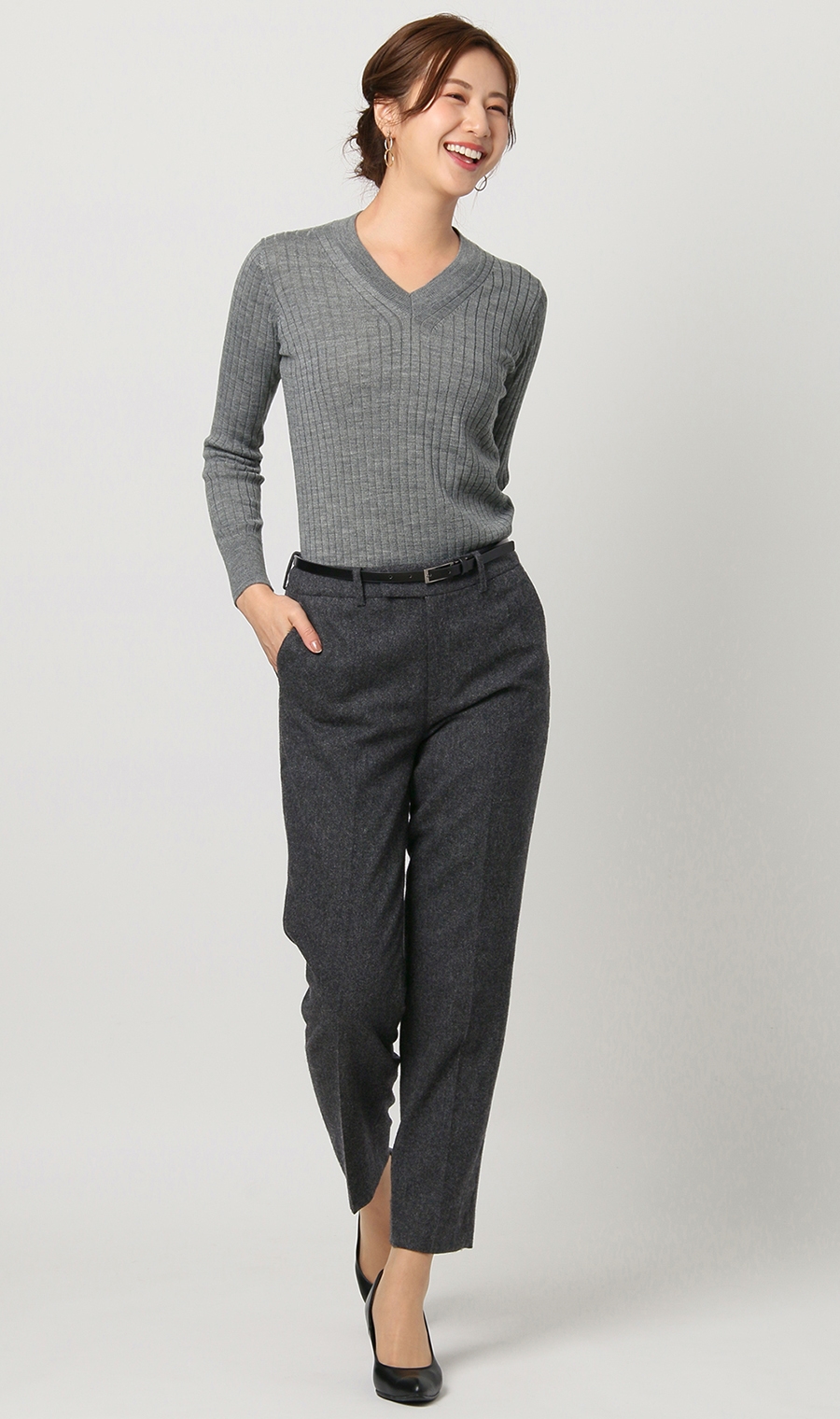 《毛玉CLEARニット》リブVネックプルオーバー《#すごセーター》 グレー S