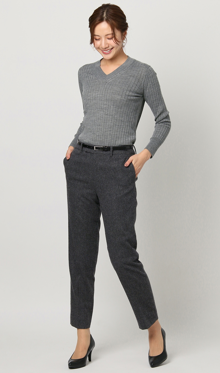 《毛玉CLEARニット》リブVネックプルオーバー《#すごセーター》 グレー S