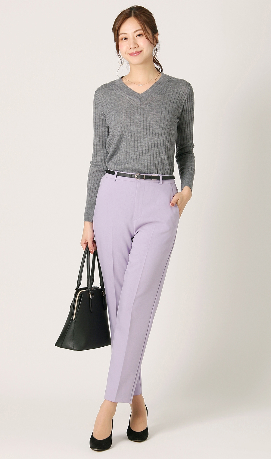 《毛玉CLEARニット》リブVネックプルオーバー《#すごセーター》 グレー S