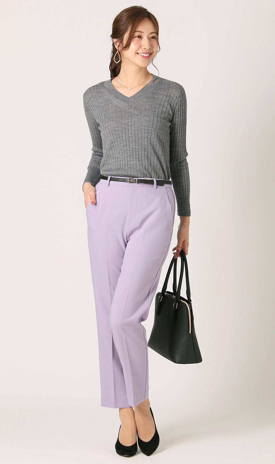 《毛玉CLEARニット》リブVネックプルオーバー《#すごセーター》 グレー S