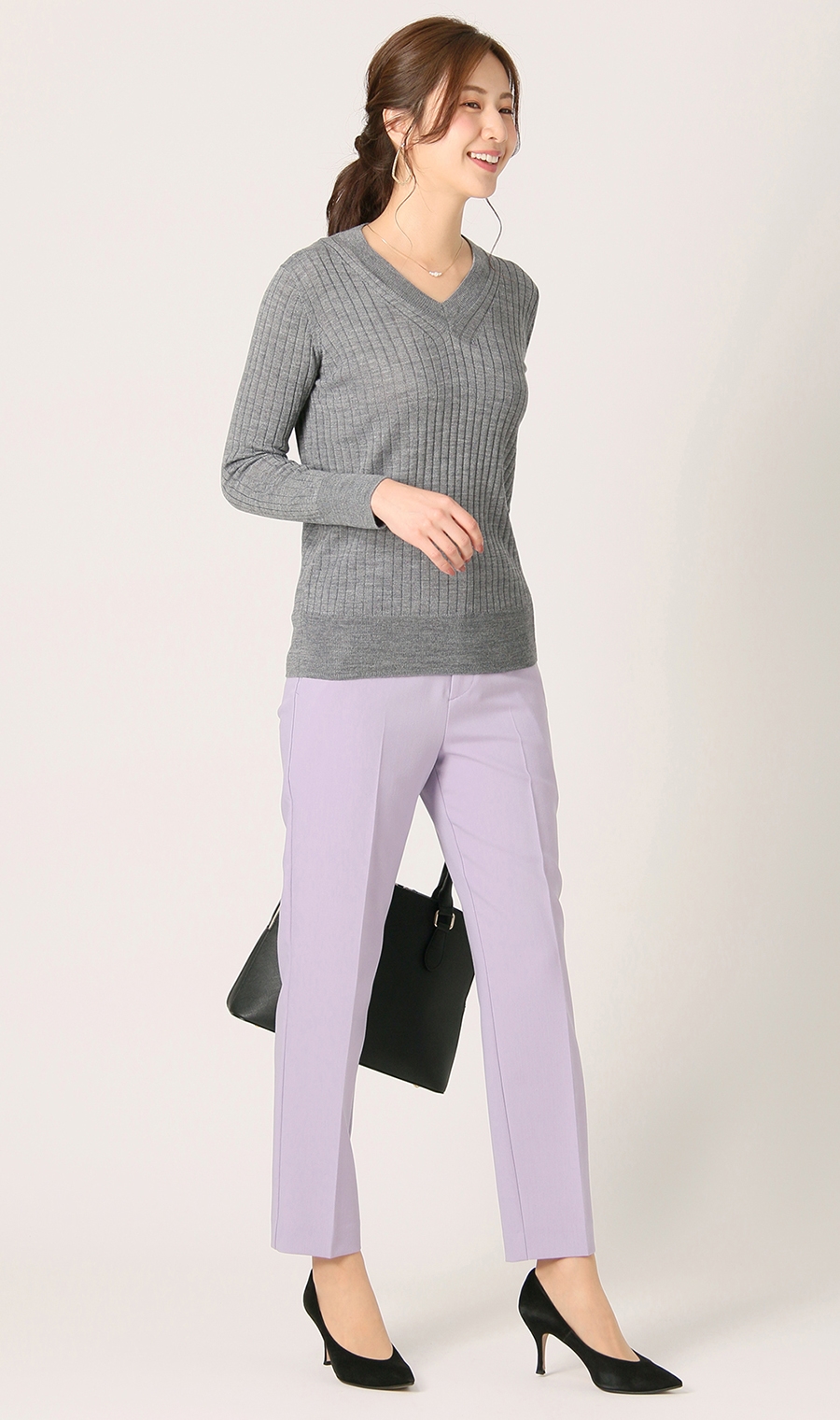 《毛玉CLEARニット》リブVネックプルオーバー《#すごセーター》 グレー S